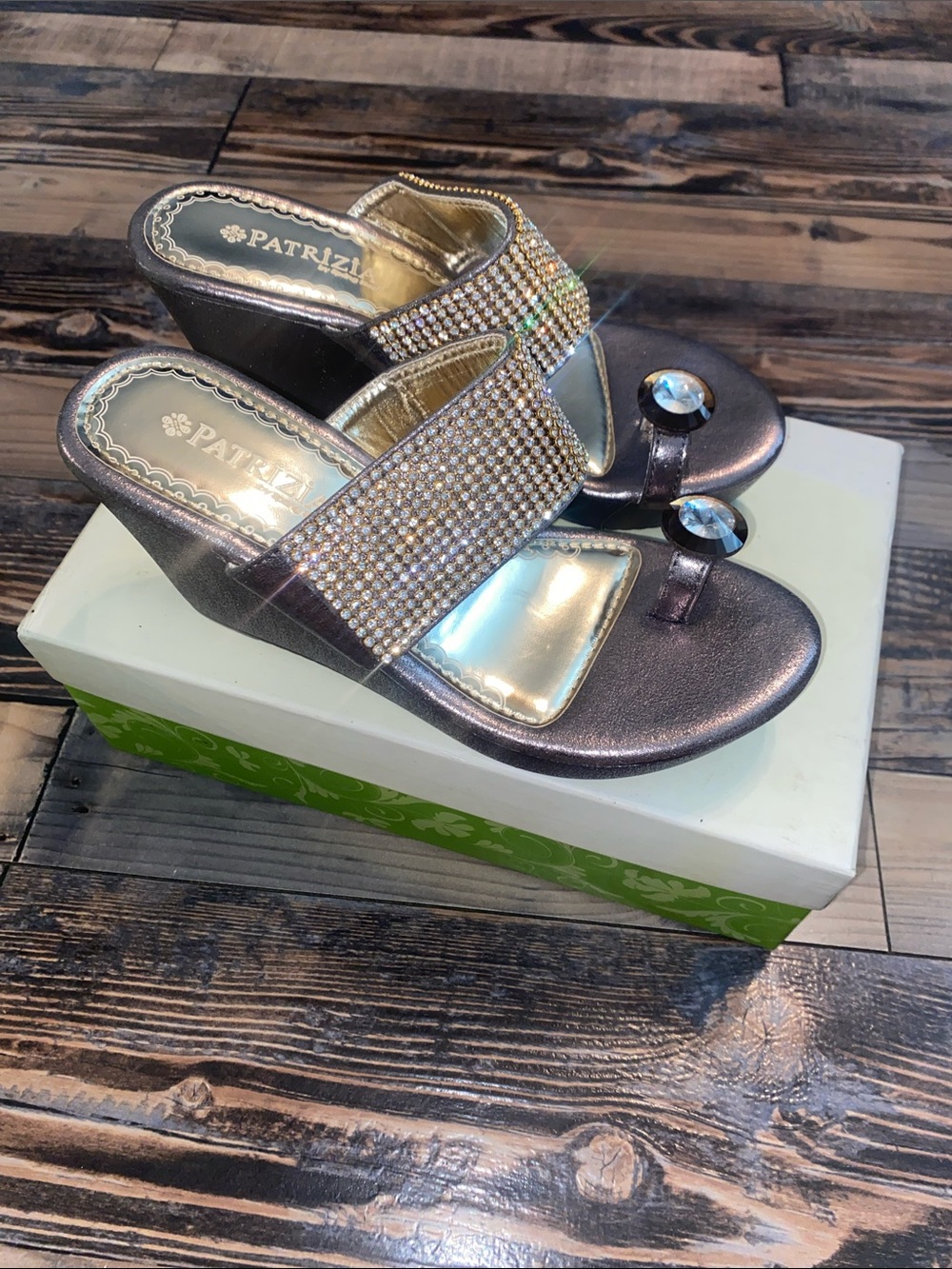 Spring Step Metallic Pewter Wedge Sandals with Rhinestone Crystal Strap